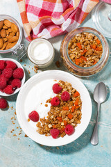 homemade granola with dried apricots, raspberries and yogurt, vertical top view