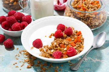 homemade granola with dried apricots, raspberries and yogurt
