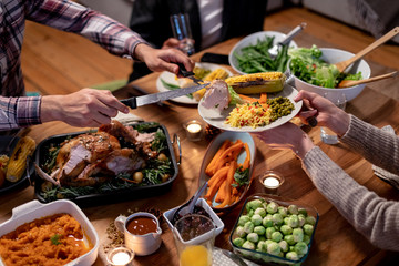 Millennial adult friends celebrating Thanksgiving together at home 