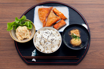 Close up Japanese food Teriyaki salmon with rice set served on wooden table