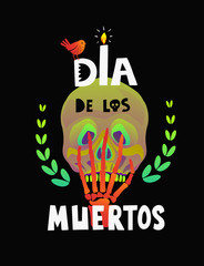 Fototapeta na wymiar Dia de los Muertos Skull on black background, poster or holiday invitation design.