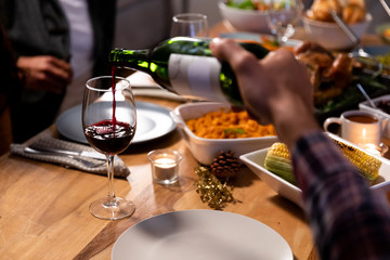 Millennial adult friends celebrating Thanksgiving together at home 