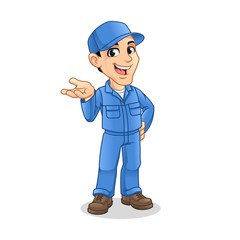 Mechanic Man with Present Something Hand Gesture Sign for Service, Repair or Maintenance Mascot Concept Cartoon Character Design, Vector Illustration, in Isolated White Background.