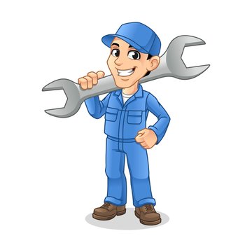 Mechanic Man Holding Huge Wrench for Service, Repair or Maintenance Mascot Concept Cartoon Character Design, Vector Illustration, in Isolated White Background.