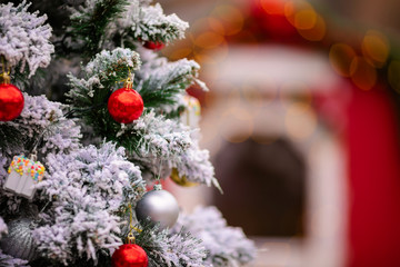 Pine snowy branch with red and gold Christmas balls.