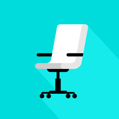 Office chair icon with long shadow. Vector graphic illustration on blue background.