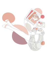 Coffee and croissant continuous line drawing element isolated on white background for logo or decorative element. Vector illustration of beverage form in trendy outline style.