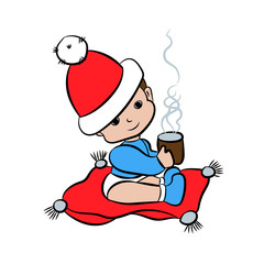 cartoon hands holding a mug of hot drink.