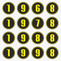 Past years with yellow numbers in a circle shape,1968,1978,1988,1998 vector.