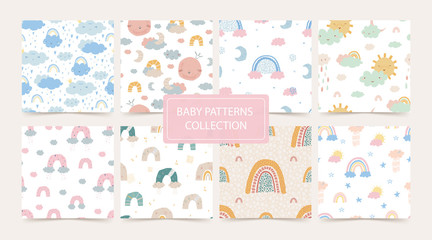 Set seamless pattern with rainbow, clouds, sun, moon, rain for babies. Pattern in hand drawn style for poster, fabric, wallpaper, textile, wrapping paper. Vector illustration
