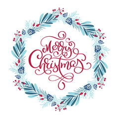 Merry Christmas vector scandinavian calligraphic vintage text. Winter Wreath with xmas phrase. Greeting card template with vintage style elements Bundle Doodle Illustration