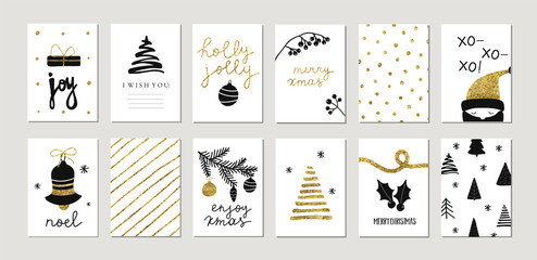 Set of christmas new year winter holiday cute greeting cards with gold texture objects. Vector abstract trendy illustration in minimalistic hand drawn flat style - 294414548