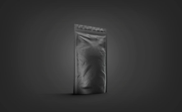 Blank black doypack mockup stand isolated on darkness background