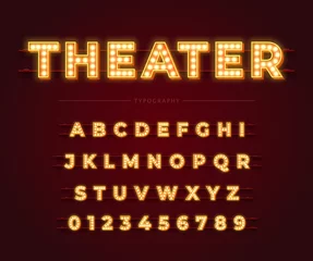 Foto op Aluminium 3d light bulb alphabet with red frame isolated on dark red background. Theater style retro glowing font. Vector illustration. © Likanaris