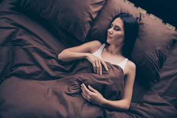 Portrait of her she nice attractive lovely cute calm peaceful girl sleeping covered marsala...