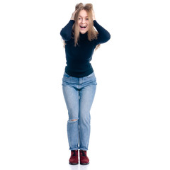Woman in jeans and sweater happiness standing smiling on white background isolation