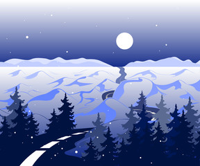 Obraz premium Vector winter Background with road and snowy valley with trees. The arctic landscape with mountains in the horizon with the beautiful moon