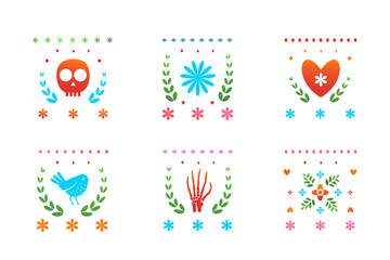 Colored Mexican Day of the Dead symbols decorative elements.