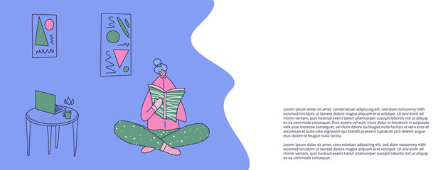 Obraz premium Girl read a book in her room. Vector illustration.