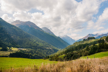 Fototapeta premium Sur En, Ardez, Bos-Cha, Weiler, Wanderweg, Felder, Landwirtschaft, Bergbauer, Ftan, Scuol, Bergdorf, Bergstrasse, Unterengadin, Sommer, Graubünden, Alpen, Inn, Inntal, Schweiz