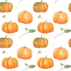 Watercolor hand drawn seamless pattern with autumn harvest orange pumpkins and leaves isolated on  white background, fall season vegetable garden food illustration.  