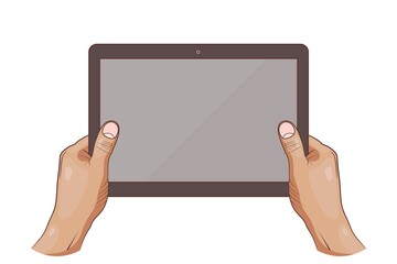 Graphic drawers of two human hands holding a tablet, on a white background. Vector illustration