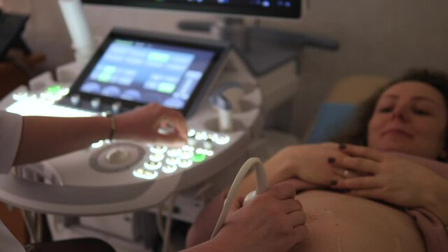 Doctor Screening Of Pregnant Woman By Ultrasound.