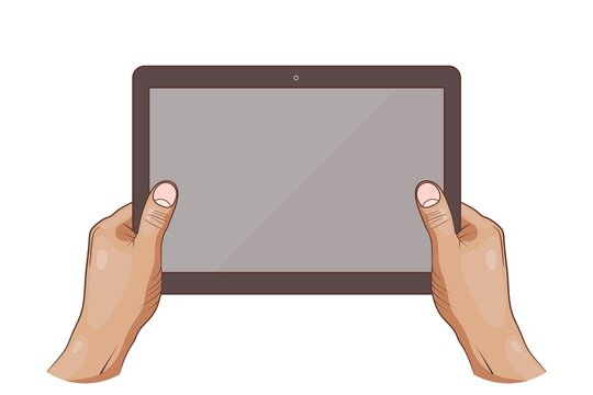Graphic drawers of two human hands holding a tablet, on a white background. Vector illustration