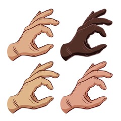 Set of hands with different skin colors and showing OK sign. Symbol of good luck and victory on a white background. Vector illustration