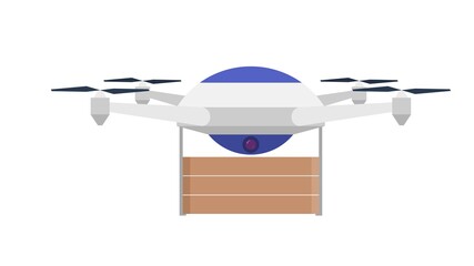 Drone with a load on a white background. Aerial apparatus with brown boxes. Vector illustration