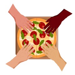 Human hands and slices of pizza on the background of a cardboard box. Vector illustration