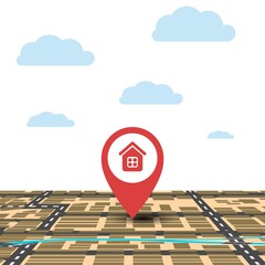 Red marker with map on sky background with clouds. Vector illustration of point and geolocation.