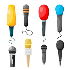A set of microphones made in the style of a cartoon on a white background. Vector illustration