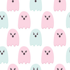 Halloween Seamless Pattern of Flying Ghosts. Cute Nursery room wallpaper, kids background, card. Pastel colors scared Cartoon character isolated on white. Printable flat style
