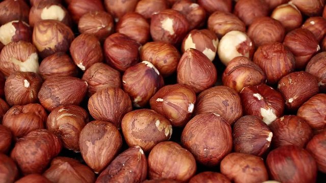 Hazelnut background hazelnuts footage video on slow motion rotating rolling plate
