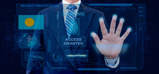 Finger Print Biometric Scanning Identification System. Businessman scan fingerprint biometric identity and approval. Palau Nationality