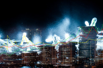 Obraz premium Double exposure of graph, Double exposure of graph and rows of coins for finance and business concept, Businessman plan growth.