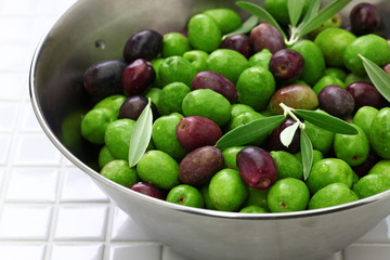 harvested fresh olives in a bowl
