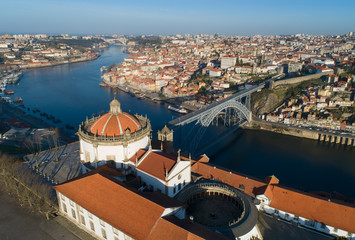 Aerial view of Serra do Pilar Monastery and Dom Luis Bridge in Porto at morning, Portugal