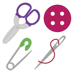 Sewing kit set. Scissors, needle, button, pin icon. Vector illustration