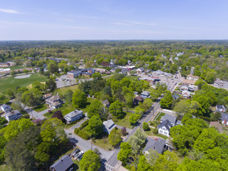 Aerial view of Millis historic town center and Main Street in spring, Millis, Boston Metro West...