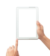 Male hand holding the white tablet pc computer and touching with blank screen isolated on white background with clipping path.
