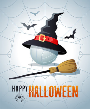 Happy Halloween. Sports greeting card. Volleyball ball with witches hat and broom on the background of the volleyball court as a spiders web. Vector illustration.