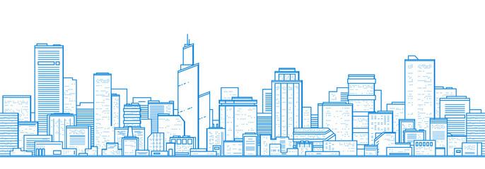 Seamless city landscape. Cityscape with buildings. Simple blue background. Urban silhouette. Line art. Beautiful template. Modern city with layers. Flat style vector illustration. - obrazy, fototapety, plakaty