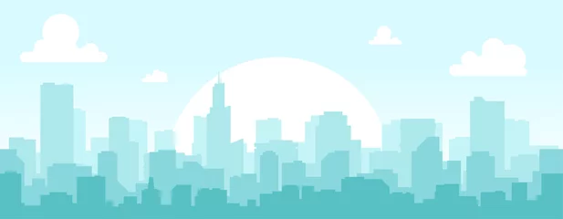 Tuinposter Naadloos silhouet van de stad. Stadsgezicht met gebouwen. Eenvoudige blauwe achtergrond. Stedelijk landschap. Mooie sjabloon. Moderne stad met lagen. Vlakke stijl vectorillustratie. © Ihor