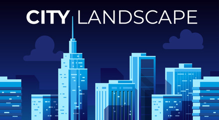 Naklejka premium Seamless night city landscape. Cityscape with buildings. Urban silhouette. Beautiful background template. Modern smart city with layers. Cartoon design. Flat style vector illustration.