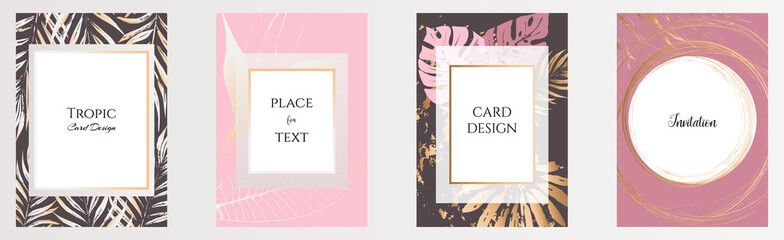 Set with tropical floral frame golden elegant design. Botanical composition for the design of wedding invitations. Exotic modern hand-drawn bouquet design with copy space. Design cards and covers.