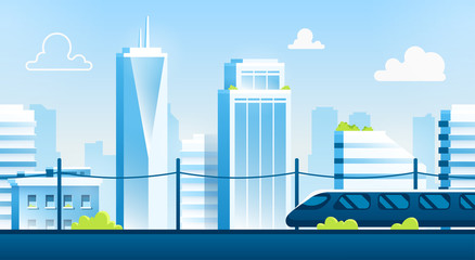 Seamless city landscape. Cityscape with buildings. Urban silhouette. Beautiful background template. Modern smart city with layers. Cartoon design. Flat style vector illustration.