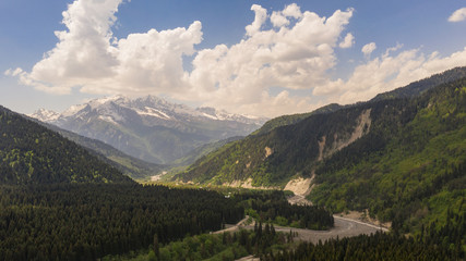Fototapeta na wymiar Racha is one of the mountain regions of Georgia. Shaowi Reservoir. Near the town of Ambrolauri. Caucasus Mountains. Spring 2019