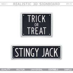 Fototapeta premium Trick or treat. Stingy jack. Two signboard plates with text. Vector design